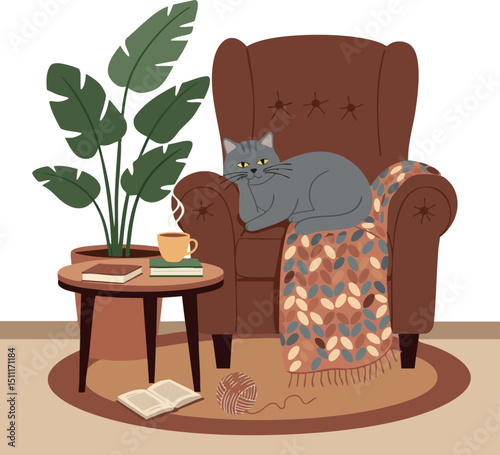 Gray cat resting on brown armchair with colorful blanket and indoor plant vector illustration 