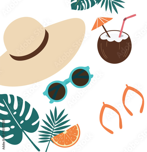 Summer accessories with wide brim hat coconut drink sunglasses and tropical leaves vector illustration 