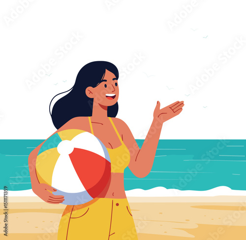 Woman in yellow swimsuit holding colorful beach ball at ocean shore summer scene vector illustration 