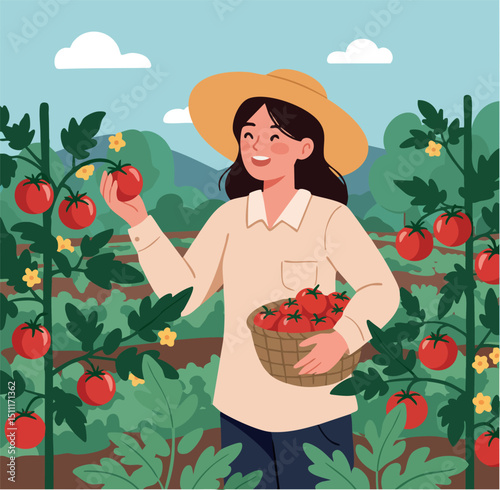 Woman harvesting fresh red tomatoes in garden with straw hat and basket 