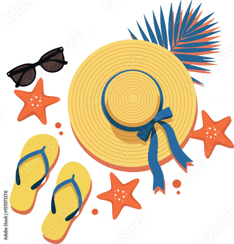 Summer beach accessories with straw hat flip flops starfish and sunglasses vector illustration 