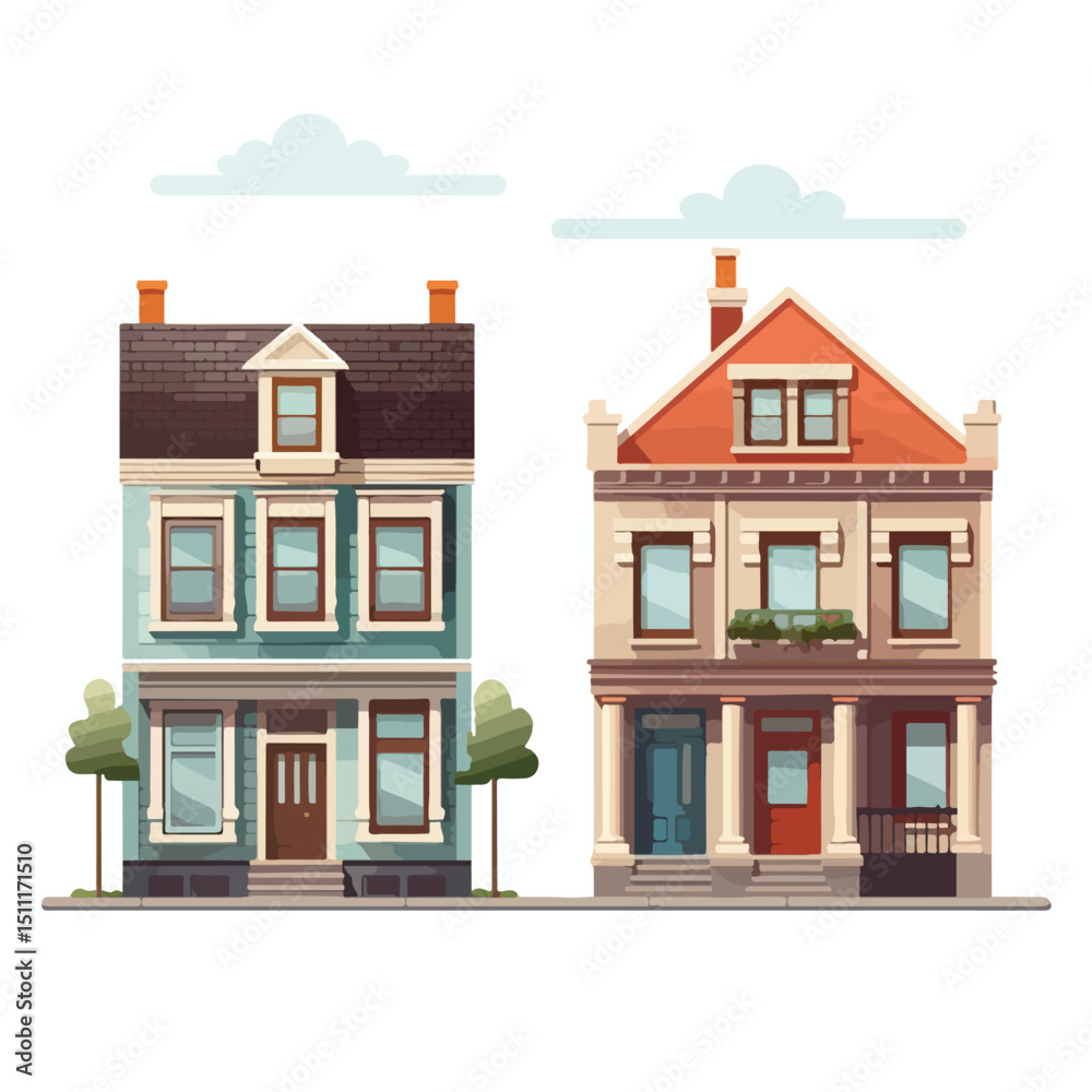 Fototapeta premium Detailed Vector Illustration of Various House and Building Front Facades for Architectural Design Projects