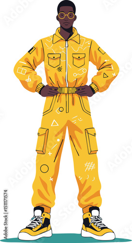 Man in yellow jumpsuit and sunglasses standing confidently vector illustration 