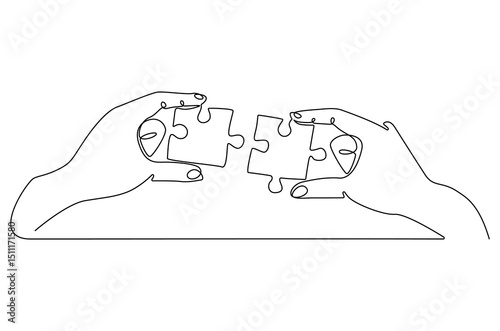 Continuous one line drawing of Hand holding jigsaw puzze piece. Single line drawing illustration of Puzzle pieces in hands. Idea of solution and success concept vector art. Doodle line illustration.