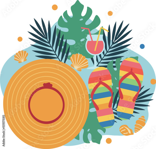 Summer beach accessories with colorful flip flops tropical leaves and hat vector illustration 