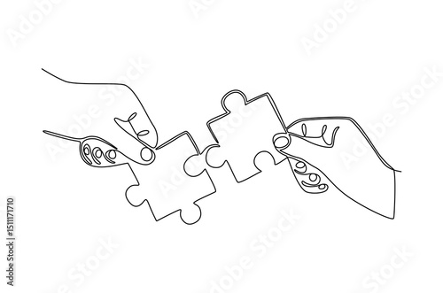 Continuous one line drawing of Hand holding jigsaw puzze piece. Single line drawing illustration of Puzzle pieces in hands. Idea of solution and success concept vector art. Doodle line illustration.