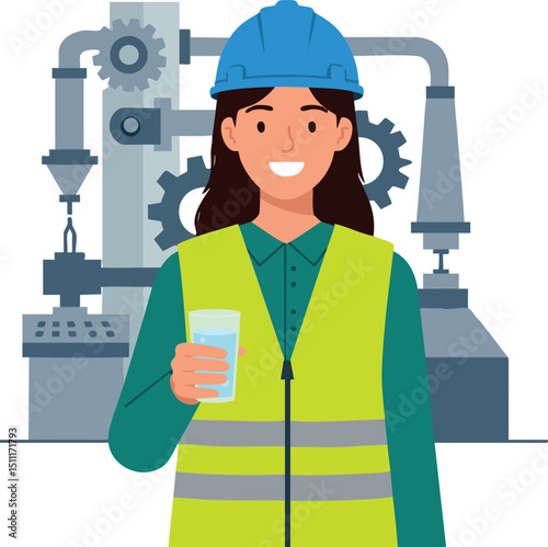 Female Industrial Worker Wearing Safety Helmet Holding Glass of Water Vector Illustration 