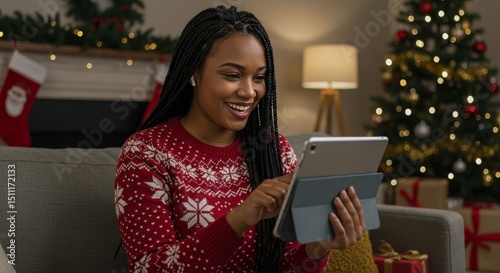 Photo of a Woman with Christmas Sweater Using Tablet At Home