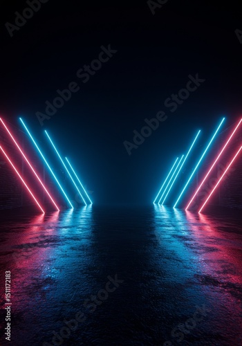 Abstract 3d Background with Neon Lights in Blue Red and Dark Tunnel