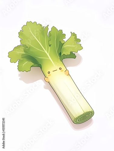 Anime illustration of a smiling celery stalk with cute round face and green leaves.