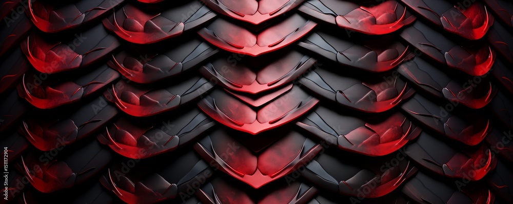 Fototapeta premium Red metallic armor plates with curved edges and dramatic lighting abstract background, Perfect for strength messaging and protective concepts