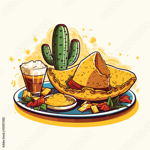 Colorful Mexico Culture and Foods Cartoons Mariachi Hat Illustration