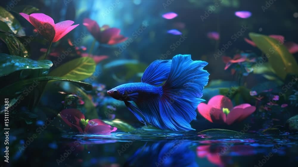 Vibrant blue fish in a mystical floral pond