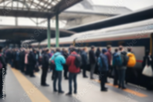 Wallpaper Mural the atmosphere at the train station is blurry, people are queuing to get on the train in a crowded place, the background of the station is blurry Torontodigital.ca