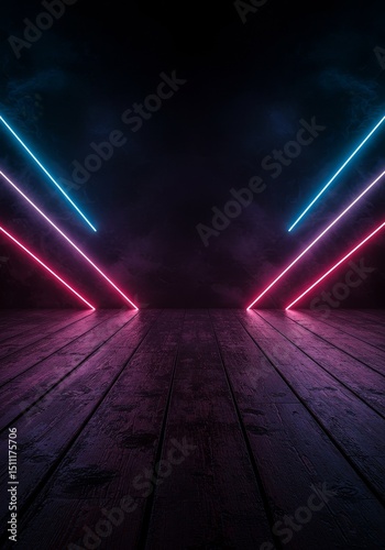 Abstract Neon Light Background With Dark Glowing Floor Texture