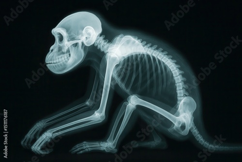X ray image of monkey skeleton crouching on black background photo