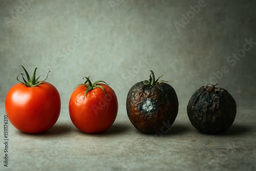 Four tomatoes showing different stages of decomposition on gray background