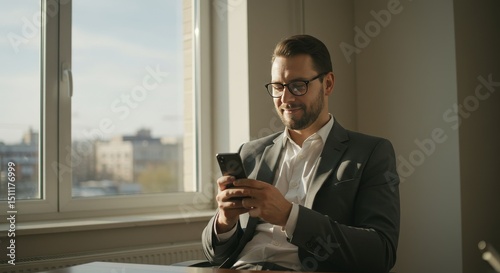 Photo of Man Texting on Smartphone in Gray Suit by Office Window