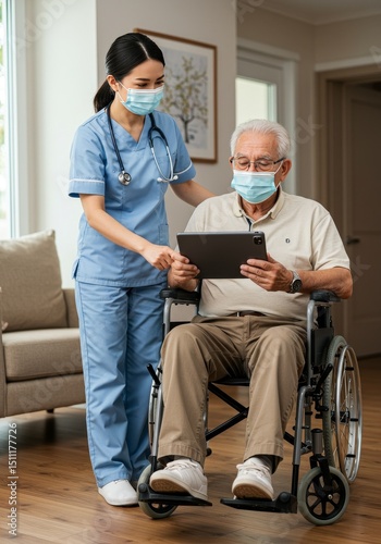 Photo Of Nurse Assisting Senior Patient With Tablet In Wheelchair