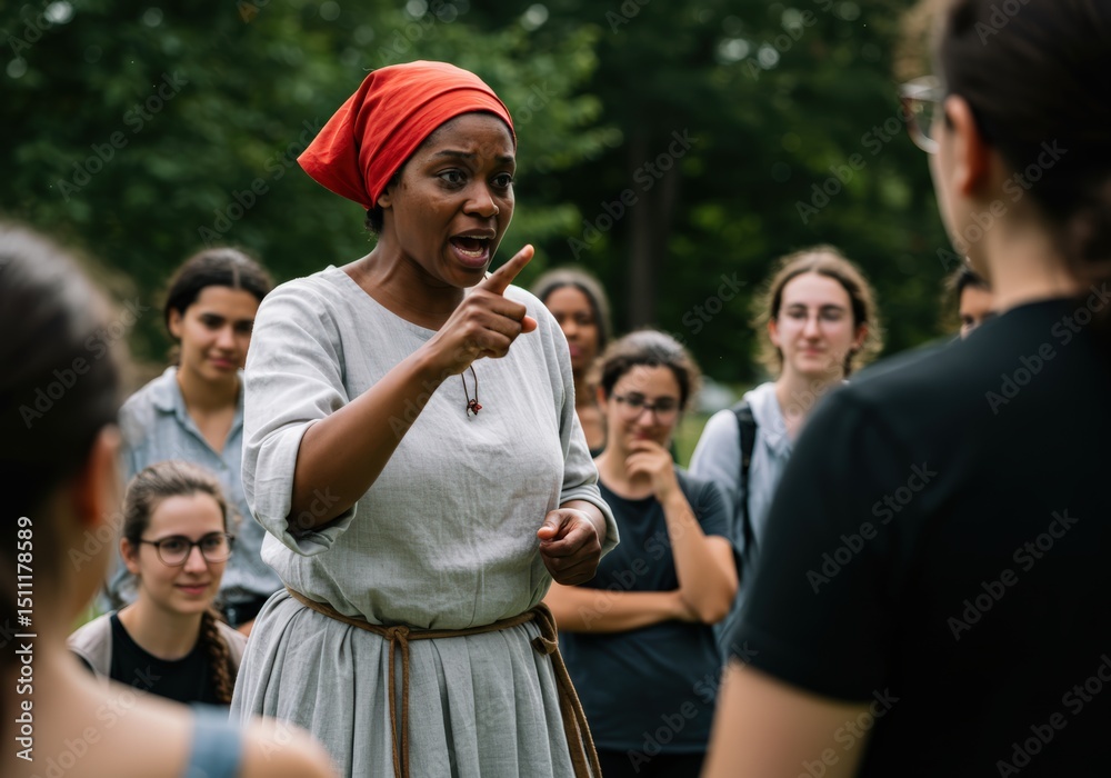 Obraz premium An impassioned woman in historical clothing passionately addresses an attentive audience outdoors.