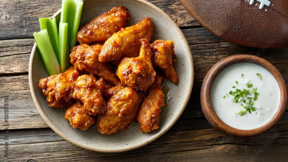 Delicious chicken wings and dip platter with celery on rustic table setting