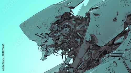 Detailed cyberpunk art giant mecha side view intricate machinery blue background