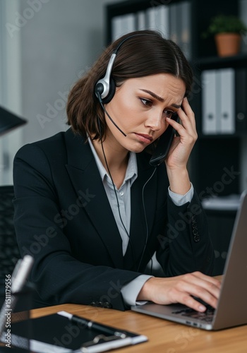 Photo of Stressed Woman With Headset Using Laptop in an Office