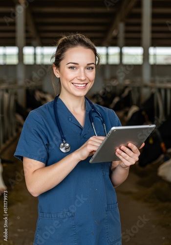 Photo of Veterinarian Using Tablet Checking Cows Health at Dairy Farm