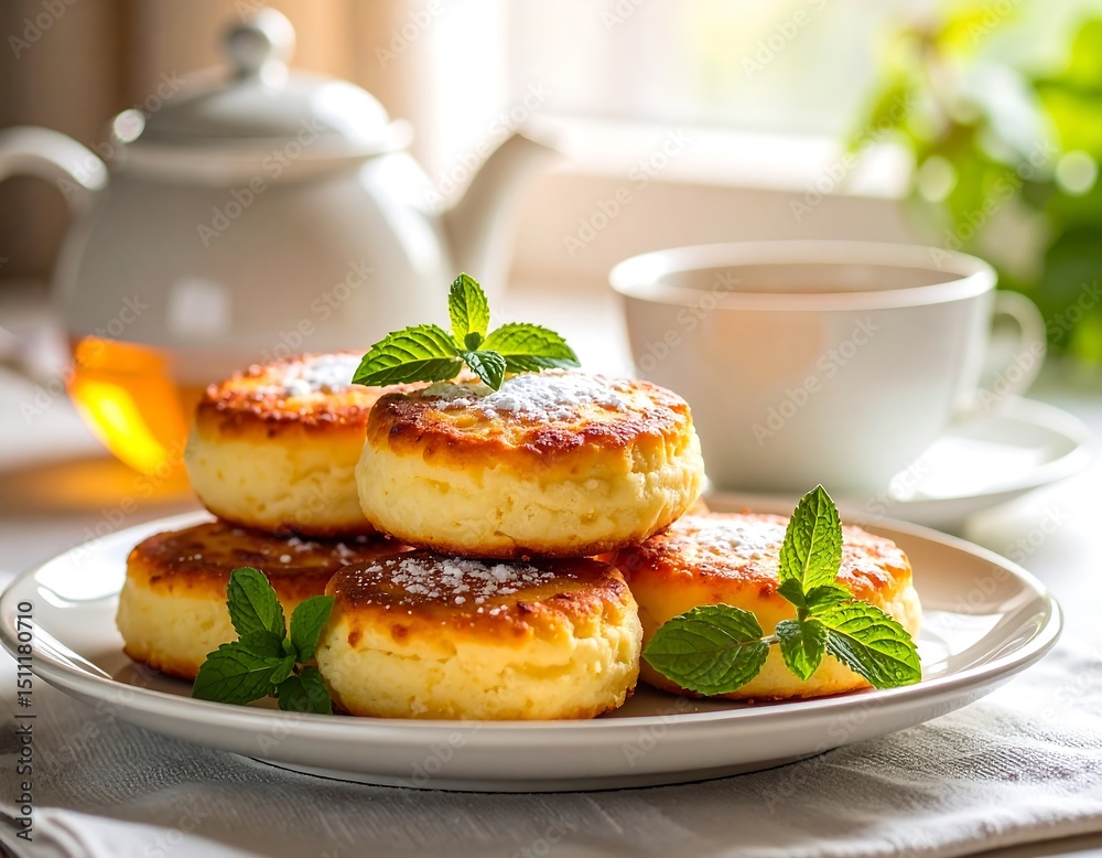 Fluffy cheese pancakes with mint and tea Fluffy cheese pancakes with mint and tea