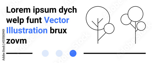 Abstract tree line art, text layout with bold and blue typography, progress markers, and horizontal lines. Ideal for presentation, graphic design, branding, nature concept, simplicity creative