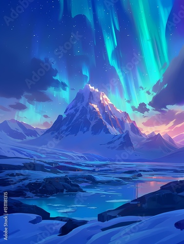 Anime landscape mountains night sky auroras