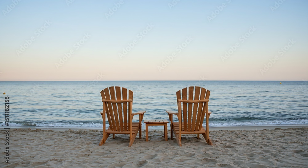 Fototapeta premium Tranquil Beach Scene Two Adirondack Chairs Facing the Ocean at Sunset a Serene Coastal View with Relaxing Vacation Atmosphere and Peaceful Escape in Paradise