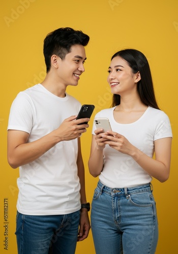 Cheerful Asian Couple Holding Smartphone in Studio with Yellow Background