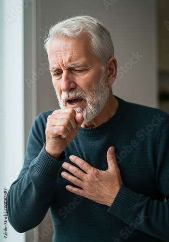 Portrait Ill Senior Man Coughing Gripping Chest at Window