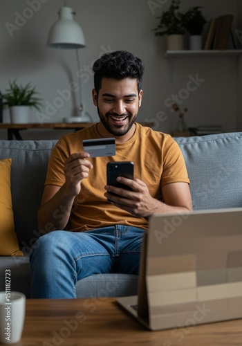 Cheerful Man with Smartphone Credit Card Online Shopping at Home