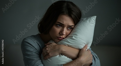 Portrait of a Sad Woman Embracing a Pillow in a Dark Room