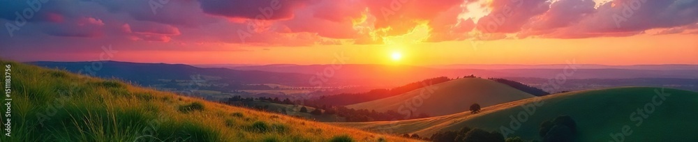Obraz premium Serene landscape of rolling hills under a vibrant sunset sky, conveying a feeling of peace and tranquility Perfect for relaxation, wellness, and stress-free living themes , sunset, soothing, vibrant