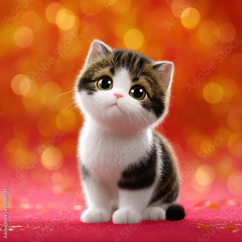 A cute kitten is sitting on a red background