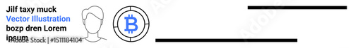User avatar outline next to a Bitcoin logo emphasizing identification and cryptocurrency use. Ideal for fintech, profiles, blockchain apps, digital wallets, security tools, crypto guides, simple
