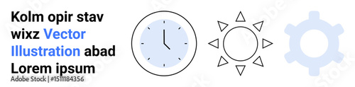 Clock face for time, sun for energy, gear for productivity. Ideal for workflow, scheduling, energy, time management, productivity tools, strategy planning simple landing page