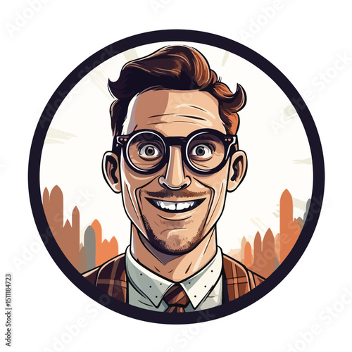 Professional Vector Illustration of a Geek Man Character Wearing Round Frame Glasses