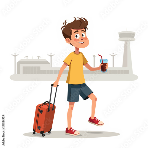 Cartoon boy traveler with suitcase at airport terminal ready for travel and vacation adventure trip