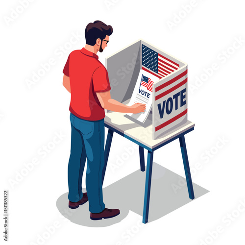 Voting in america illustration of man at polling station casting ballot in election booth democratically