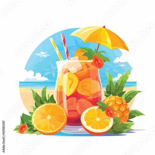 Vibrant Summer Holiday Scene with Cocktails, Fruits and Sunglasses