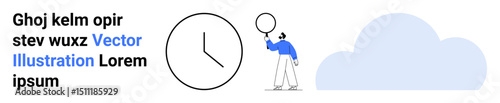 Minimalist person holding balloon near clock and cloud design. Ideal for time management, productivity, simplicity, mindfulness, creativity, abstract concepts, simple landing page