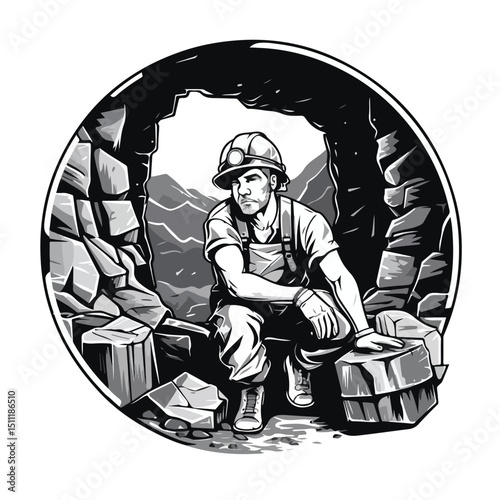 Professional Black and White Mining Worker Cartoon Vector Illustration for Industrial Presentations and Educational Purposes