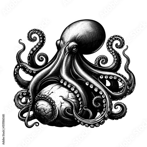 Dramatic engraving illustration giant octopus wrapping its arms around a rock. fine and cross-hatching lines. Powerful octopus image perfect for nautical themed designs.