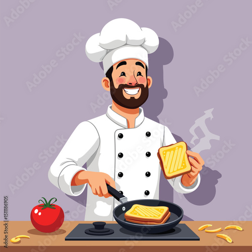 Chef cooking grilled cheese sandwich in pan illustration for food blog or recipe website design concept