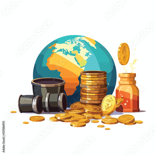 Global Oil Price Market Concept with Coins, Dollars, and World Map - Finance and Economy Illustration