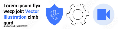 Blue shield with fingerprint, gear symbol, and video camera representing security, customization, and media. Ideal for cybersecurity, protection, configuration, technology online media digital